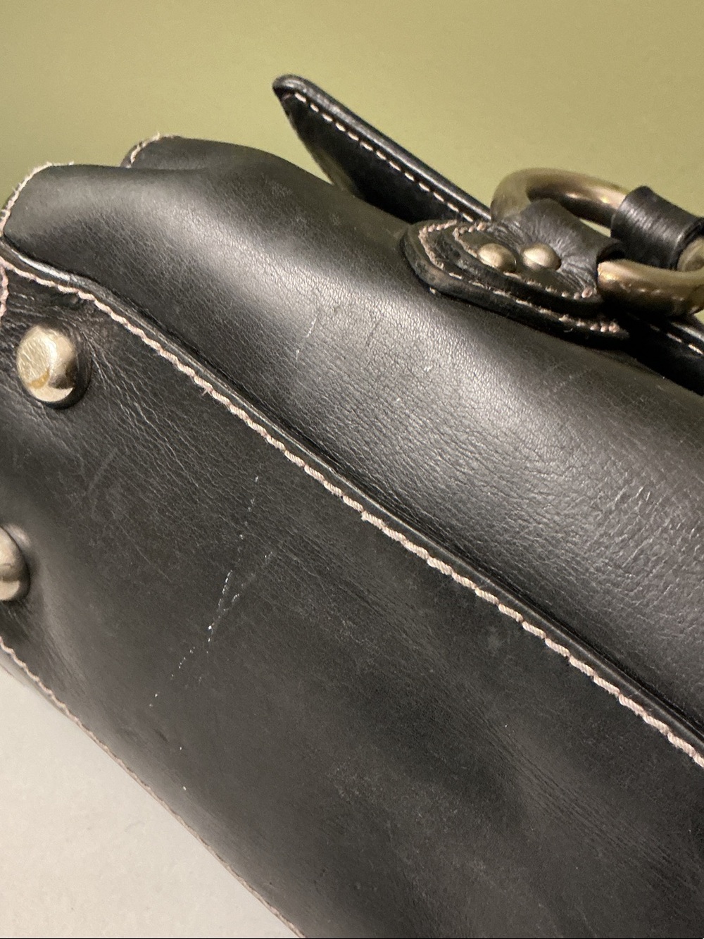 Marc Jacobs Vintage Black Leather Double-Handle Shoulder Bag Pink Stitching - Picture 13 of 13